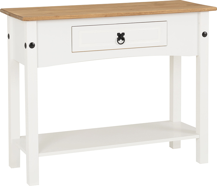 Corona 1 Drawer Console Table with Shelf White Distressed Pine - Click Image to Close